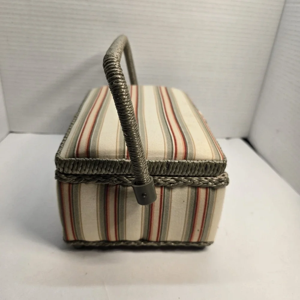 Vintage Striped Sewing Basket Wicker Trim Craft Organizer with‎ Supplies Kit